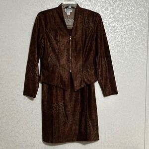 Banjo Vintage Dallas Texas Faux Suede Brown Fitted‎ Jacket & Midi Skirt Set Sz M